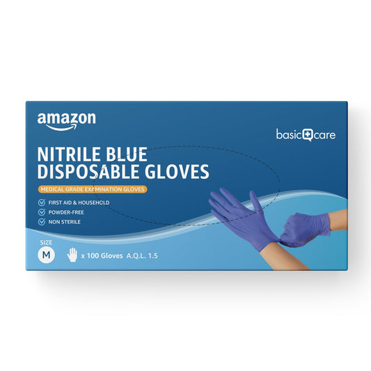 Amazon Basic Care Nitrile Blue Disposable Gloves, Powder-free, Size M, 100 Count (Previously Hevea Brand)