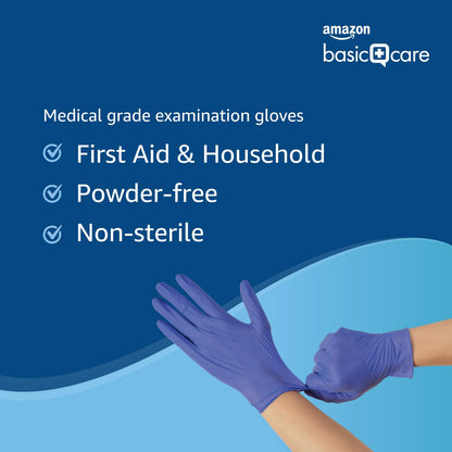 Amazon Basic Care Nitrile Blue Disposable Gloves, Powder-free, Size M, 100 Count (Previously Hevea Brand)