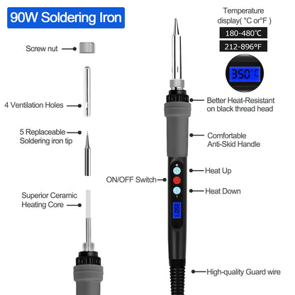 Soldering Iron Kit 90W LCD Adjustable Temperature 180-480°C, 16 in 1 Electric Welding Tools, Solder Wire, 5 Soldering Tips, Desoldering Pump, Wire Stripper Cutter, Stand, Tweezers, Tool Case