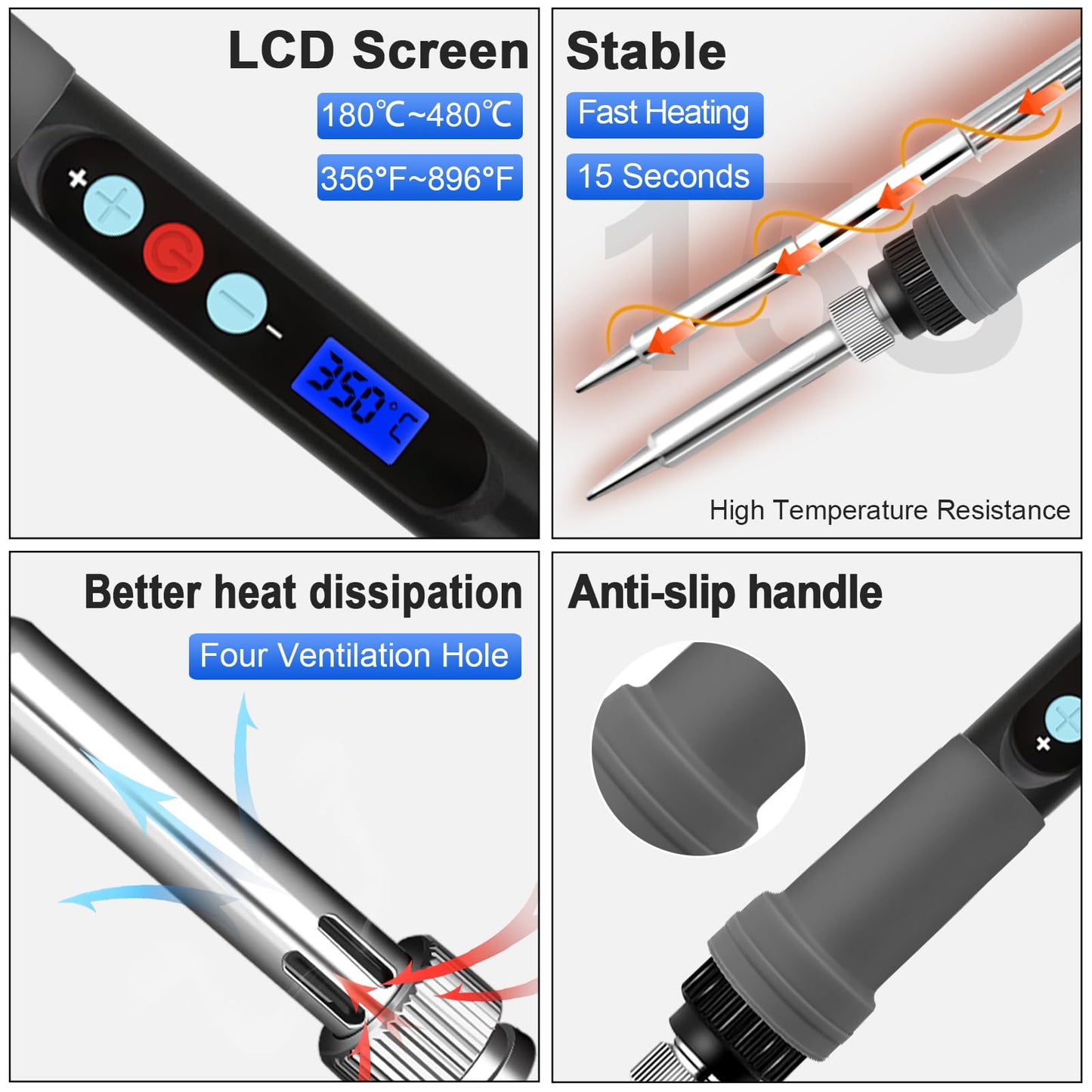 Soldering Iron Kit 90W LCD Adjustable Temperature 180-480°C, 16 in 1 Electric Welding Tools, Solder Wire, 5 Soldering Tips, Desoldering Pump, Wire Stripper Cutter, Stand, Tweezers, Tool Case