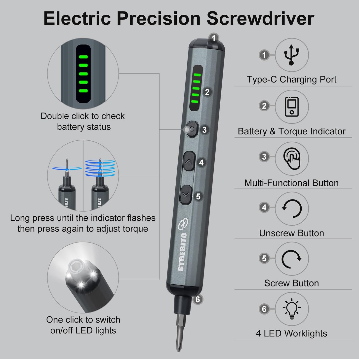 STREBITO Mini Electric Screwdriver Set, 70 in 1 Small Electric Screwdriver Cordless - 64 S2 Preicison Bits, 5 Torque Settings, 4 LED Lights, Mini Power Screwdriver Repair Tool Kit for PC RC Electronic