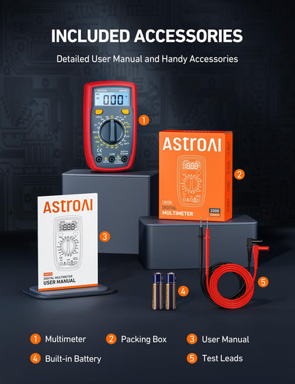 AstroAI Digital Multimeter Voltmeter Ohmmeter Ammeter Multi Tester Meter with Backlit LCD Electronic Test Meter Measures Voltage, Current, Resistance; Tests Continuity, Diode