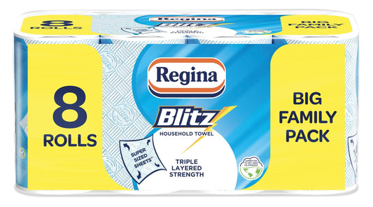 Regina Blitz Household Towels – 8 Triple Layered Rolls, 70 Sheets Per Roll, Paper Packaging, FSC Certified Paper, Recyclable Packaging, 60% Larger Than Standard Kitchen Roll Sheets