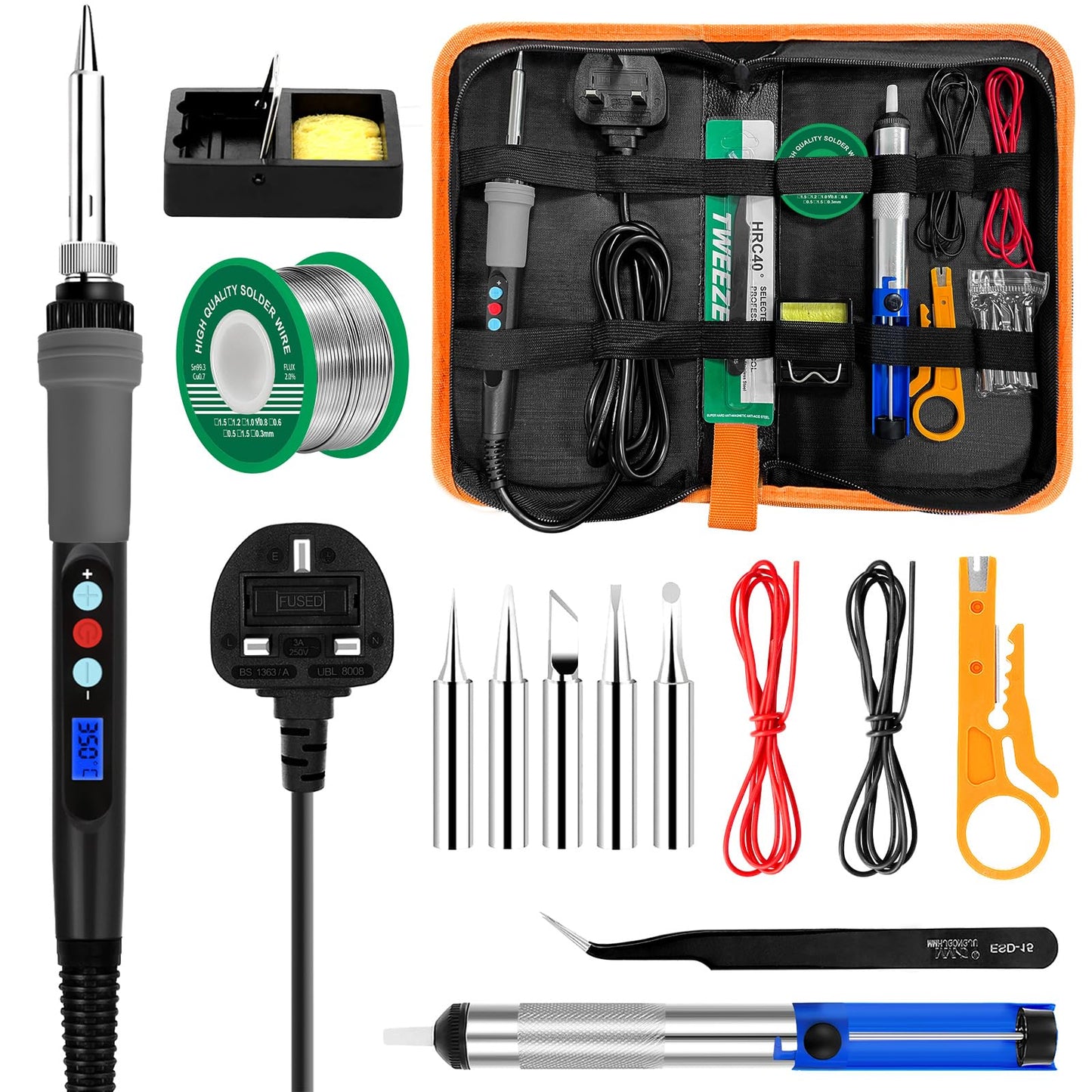 Soldering Iron Kit 90W LCD Adjustable Temperature 180-480°C, 16 in 1 Electric Welding Tools, Solder Wire, 5 Soldering Tips, Desoldering Pump, Wire Stripper Cutter, Stand, Tweezers, Tool Case