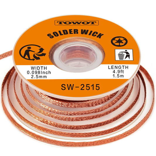 TOWOT Solder Wick Braid with Flux No-Clean Electronic, Desoldering Wick Braid Remover.Desolder Soldering 2.5mm W 0.10'' L 5'