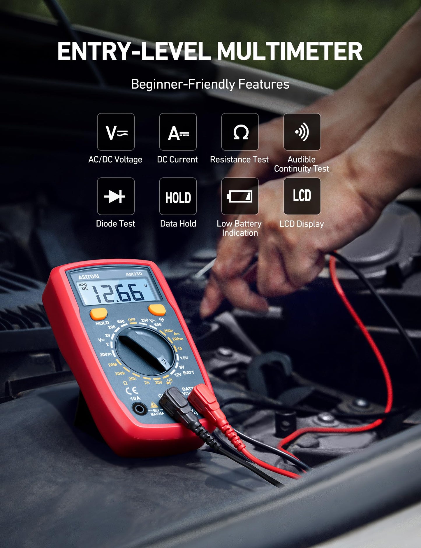 AstroAI Digital Multimeter Voltmeter Ohmmeter Ammeter Multi Tester Meter with Backlit LCD Electronic Test Meter Measures Voltage, Current, Resistance; Tests Continuity, Diode