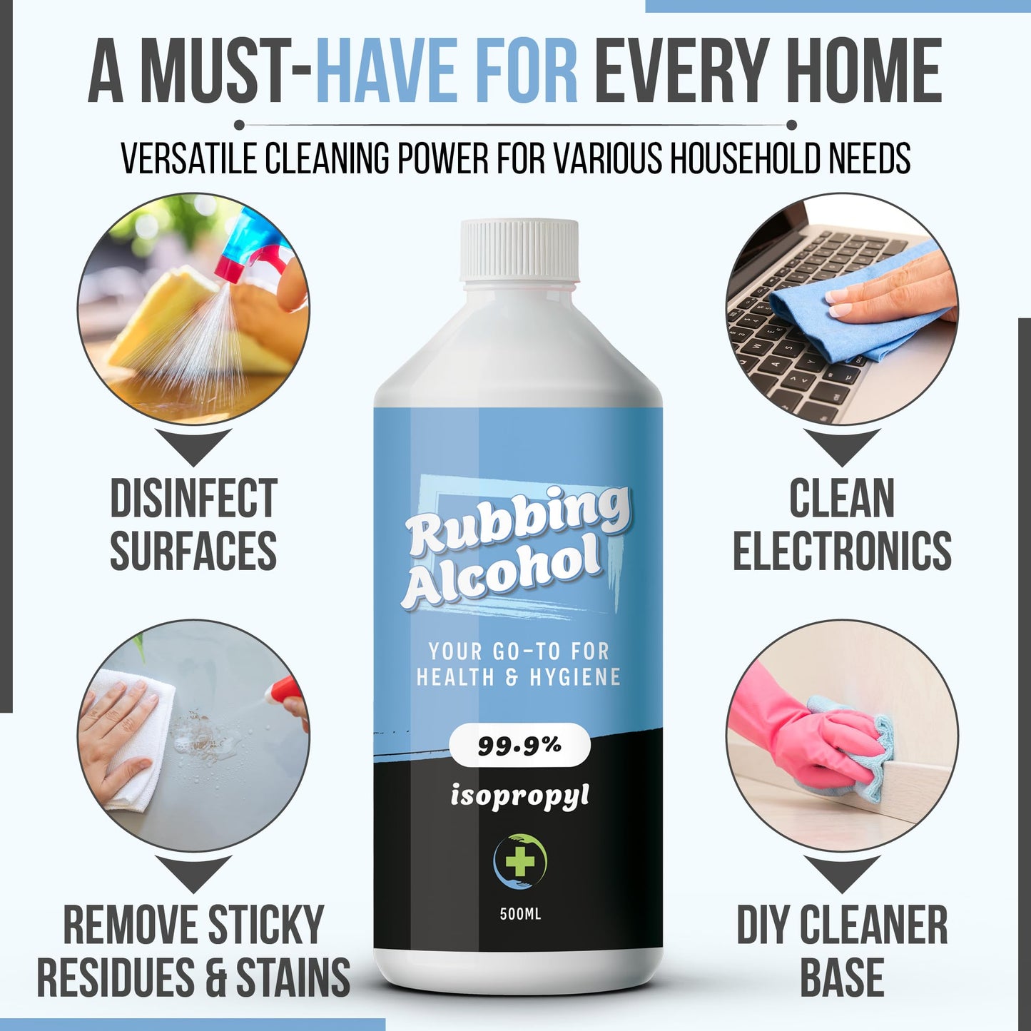 Rubbing Alcohol 500ml – 99% Pure Isopropanol IPA for Cleaning, Medical Use, Electronics, Glass, De-icer, Painting