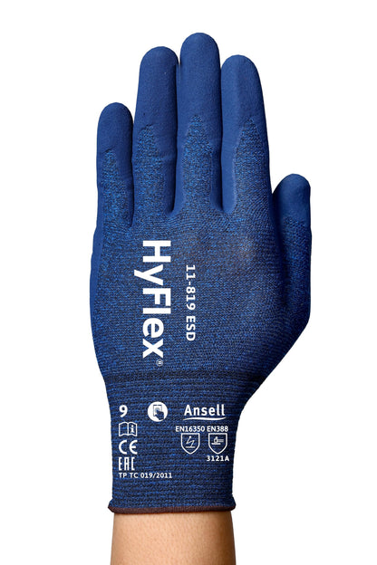 Ansell HyFlex 11-819 Ultrathin Work Gloves, Abrasion Resistant Nitrile Coating, Electrostatic Discharge Protection, Antistatic, Touchscreen, Industrial Safety, Blue, Size XL (12 Pairs)