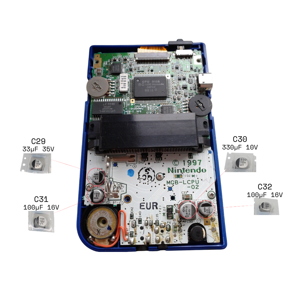 Game Boy Pocket Capacitor Kit (MGB-001) – Full 4 Cap Replacement Set - Fix Sound and Power Issues