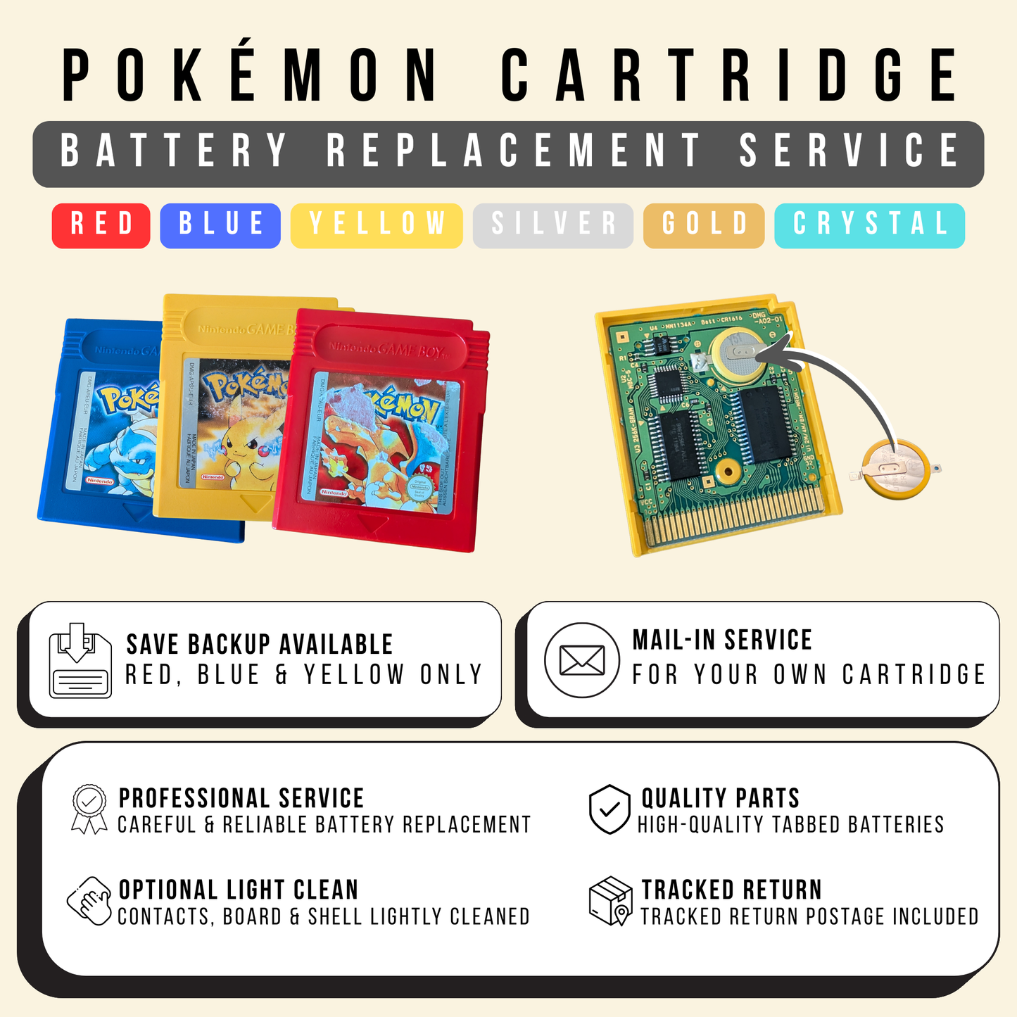 Game Boy Pokémon Cartridge Battery Replacement Service | Red, Blue, Yellow, Gold, Silver & Crystal