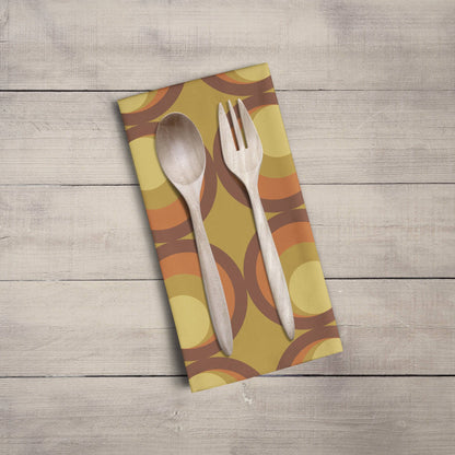 Mustard Yellow Tea Towel with Orange and Brown Retro Design, Dish Towels, Kitchen Towels